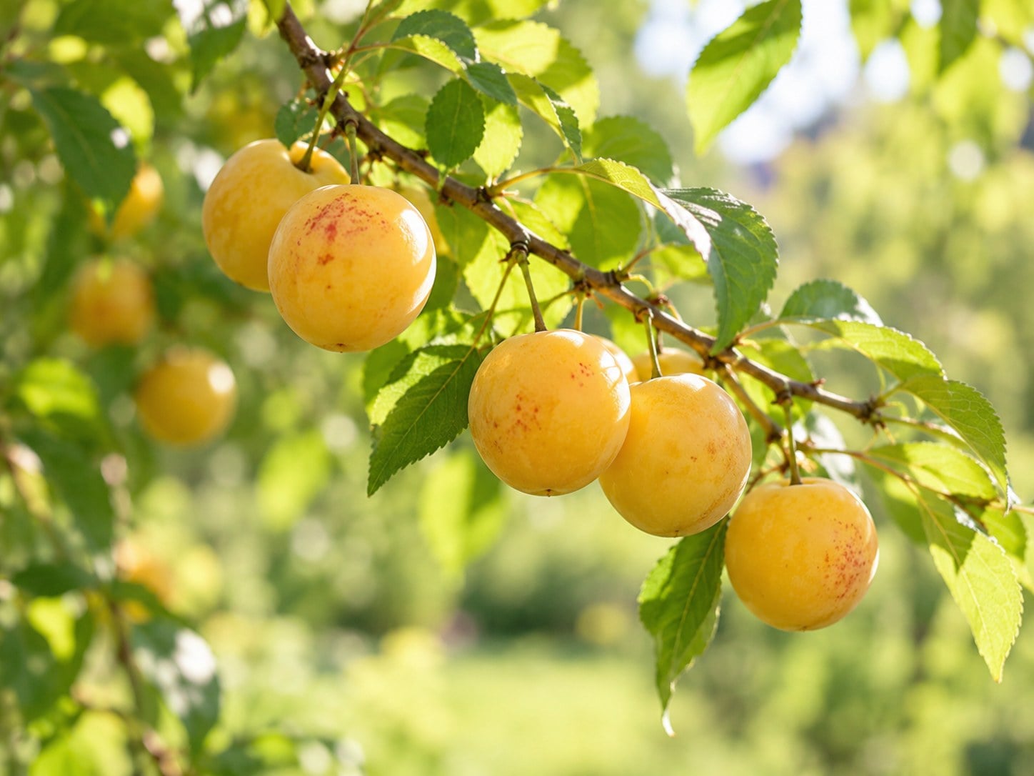Small golden Mirabelle plums with red freckles