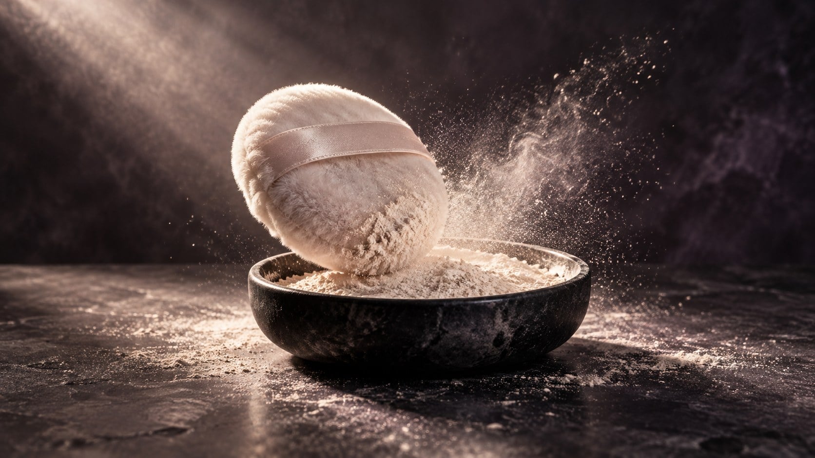 A pale cosmetic puff and a small plume of ivory