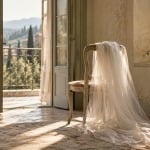An ivory veil hangs over a wooden chair in a