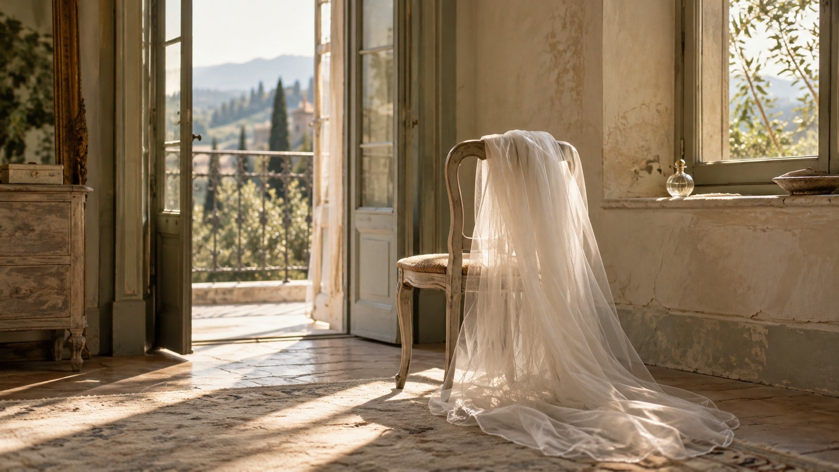 An ivory veil hangs over a wooden chair in a