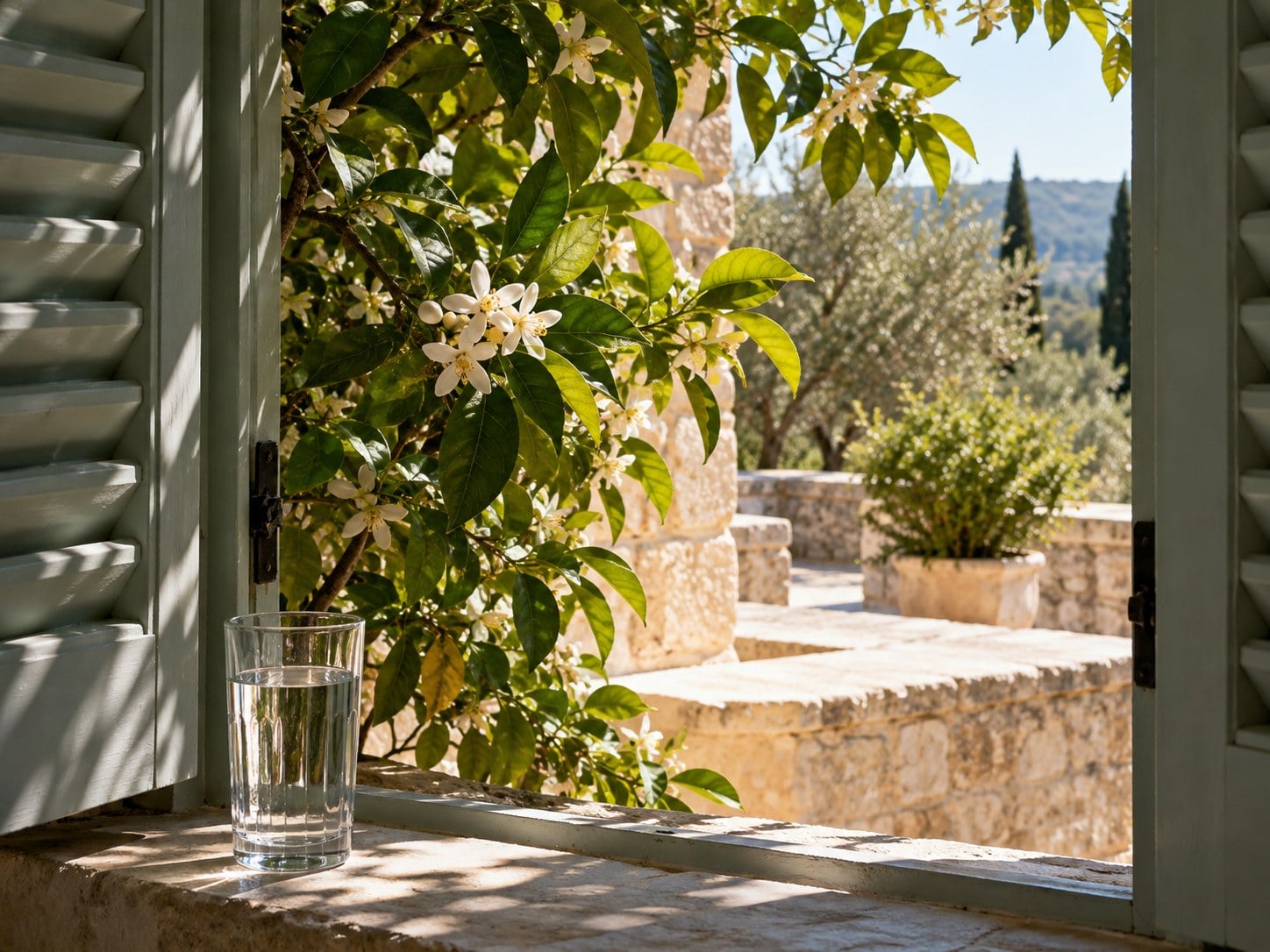 Orange blossoms and a glass of water at a shaded