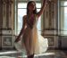 A beautifull ballerina is standing in the center of a grand ball hall and holding on her hand palm a crystal perfume bottle