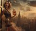 A model is holding an elegant bottle of perfume background behind shows a sunsetting city skyline