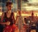 A model is holding an elegant bottle of niche perfume, background behind shows a sunsetting city skyline