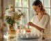 a woman is smelling an expensive perfume bottle expressing great plesure and a vase of fresh flowers and a bowl with fresh marshmallow nearby